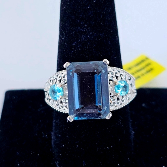 Natural London Blue Topaz Ring With Neon Apatite Accent Stones Size 9.5 - Picture 5 of 8
